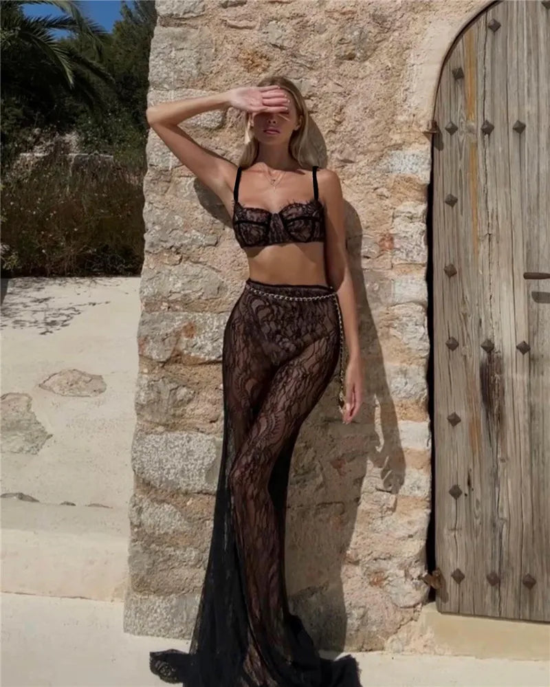 See Through Lace Two Piece Skirt Sets Women Crop Top And Maxi Skirt Sets Elegant Party Beach Sexy Two Piece Set