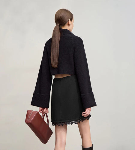 Minimalist Mini Skirt 2025 Winter New Short Wool Warm Skirts For Women Patchwork Lace Casual Solid Clothing Ladies 12544125