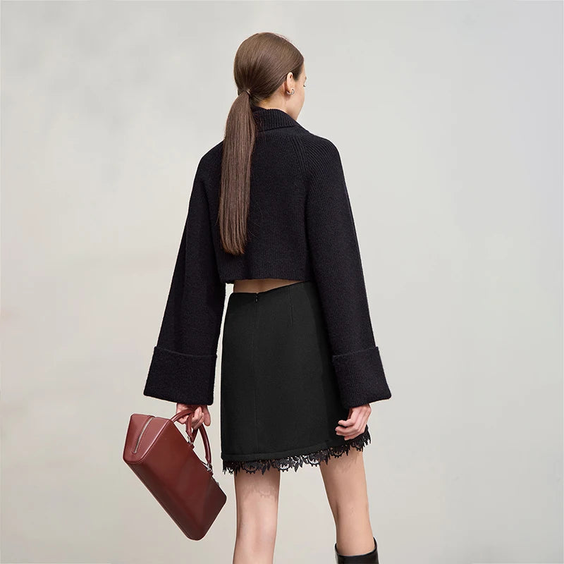 Minimalist Mini Skirt 2025 Winter New Short Wool Warm Skirts For Women Patchwork Lace Casual Solid Clothing Ladies 12544125