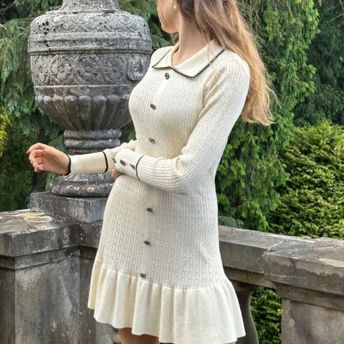 Load image into Gallery viewer, Elegant Knitted Sweater Button Elastic Slim Women Dress Lotus Leaf Edge Bodycon Long Sleeve Fall New 2024 Female Vestido
