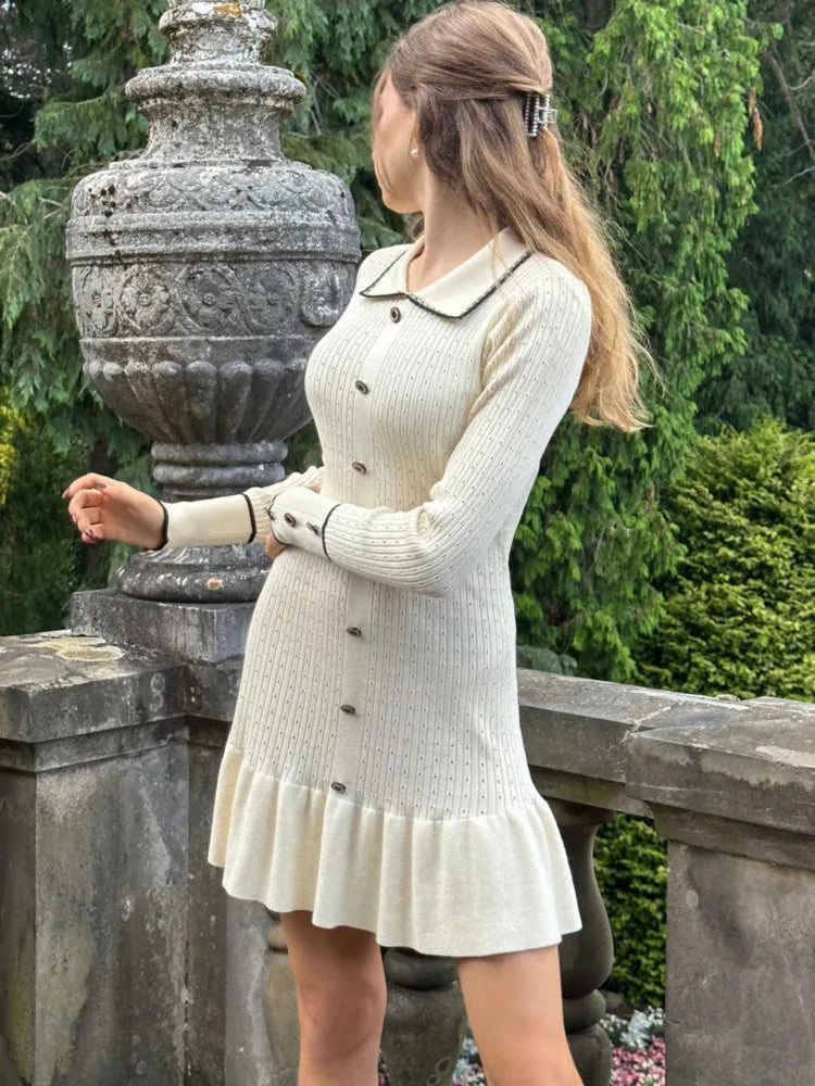 Elegant Knitted Sweater Button Elastic Slim Women Dress Lotus Leaf Edge Bodycon Long Sleeve Fall New 2024 Female Vestido
