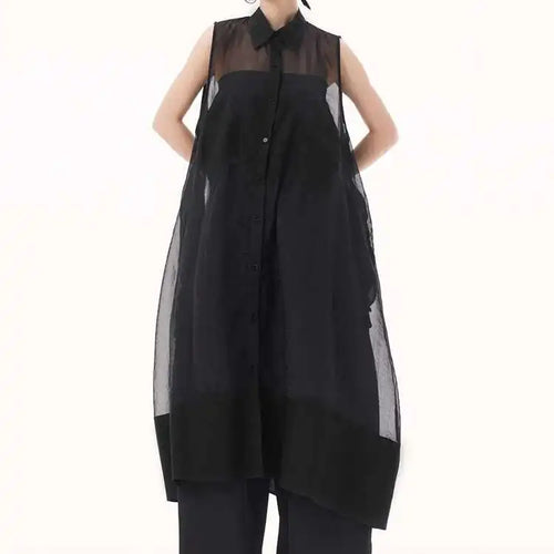 Load image into Gallery viewer, Women Black Mesh Perspective Big Size Long Shirt Dress New Lapel Sleeveless Fashion Tide Spring Summer 2025 1DH9517
