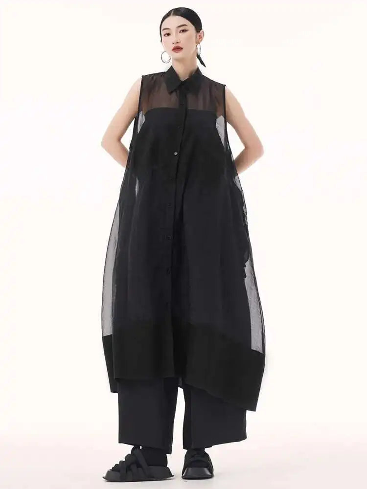 Women Black Mesh Perspective Big Size Long Shirt Dress New Lapel Sleeveless Fashion Tide Spring Summer 2025 1DH9517