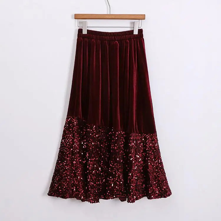 Autumn Winter Vintage Patchwork Sequin Wrap Hip Long Velvet Skirts Women's 2024 Elegant High Waist Pleated Fishtail Skirt French