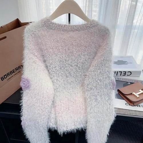 Load image into Gallery viewer, French Women Beige Flower Decorate Pullover Mink Sweater Purple Pink Long Sleeve Round Neck Elegant Knit Tops Autumn Winter Chic
