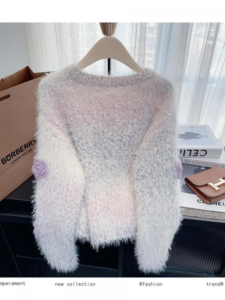 French Women Beige Flower Decorate Pullover Mink Sweater Purple Pink Long Sleeve Round Neck Elegant Knit Tops Autumn Winter Chic