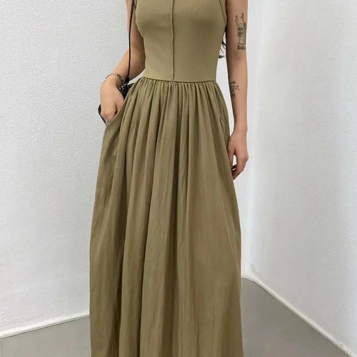 Load image into Gallery viewer, Summer Women White Casual High Waist Pleated Long Dress Lady Black Green Round Neck Sleeveless Sexy Slim Vest Dress Vestidos New

