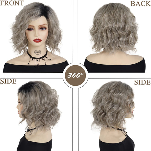 Load image into Gallery viewer, Synthetic Hair Ombre Gray Wigs for Women Medium Length Wave Wig with Black Roots Mommy Wig Natural Hairstyles Curly Wig
