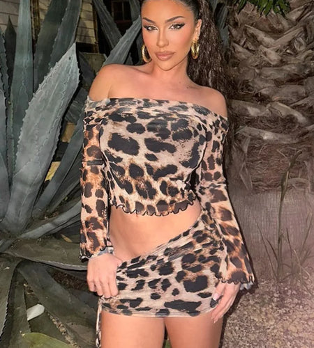 Leopard Print Sexy Two Piece Sets Women Off-shoulder Long Sleeve Crop Tops And Mini Skirt Matching Sets Hot Skirt Set