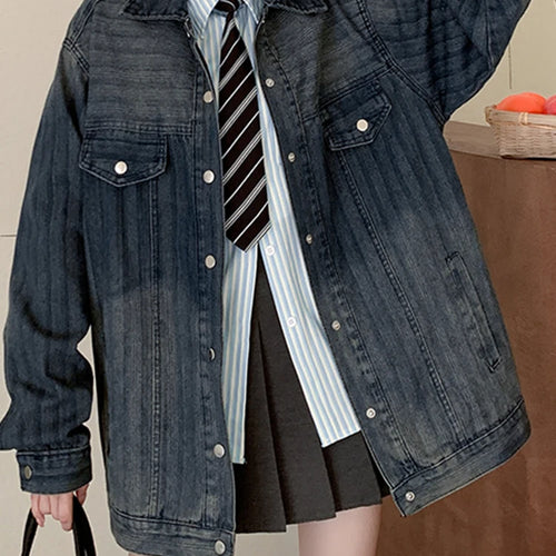 Load image into Gallery viewer, Autumn Women Vintage Striped Denim Coat Lapel Single Breasted Long Sleeve Loose Jacket Streetwear Gradient Women Top S-XL
