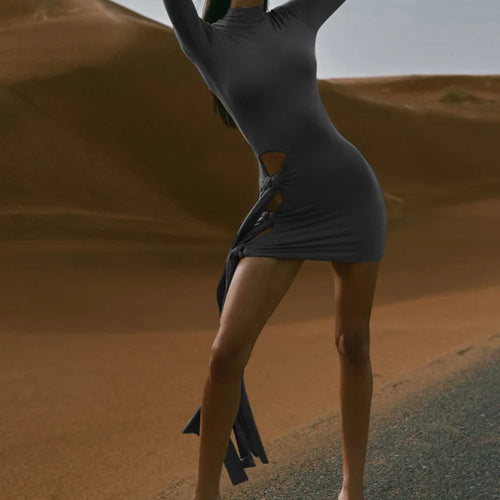 Load image into Gallery viewer, Fashion Long Sleeved Round Neck Hollow Lace Up Dress Women's Elastic Tight Mini Dress Female Elegant Party Evening Dress
