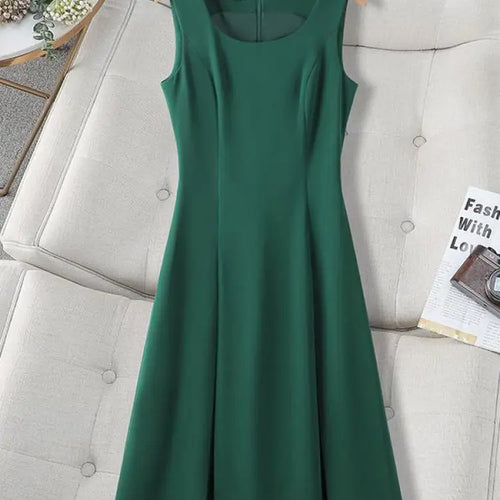 Load image into Gallery viewer, Woman Summer Black Beige Elegant Sleeveless Office Long Dresses Green Round Neck Sexy Zipper Pleated Vest Dress Vestidos Fashion
