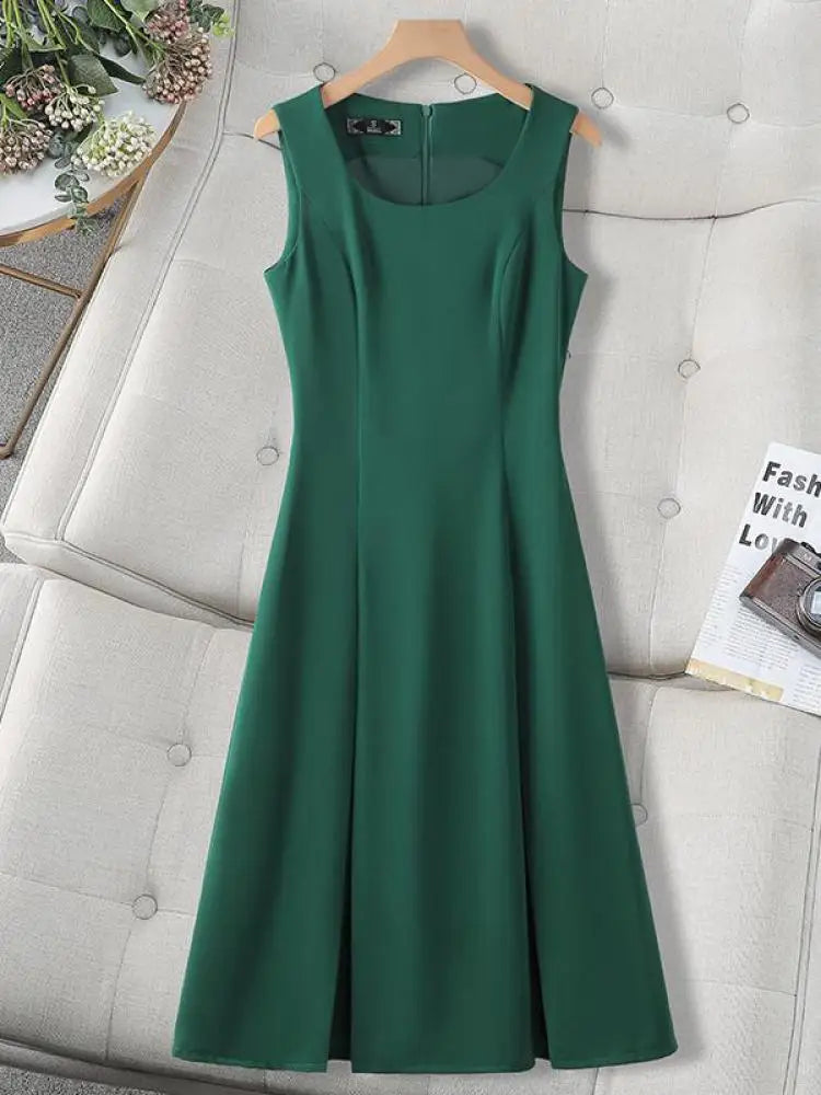 Woman Summer Black Beige Elegant Sleeveless Office Long Dresses Green Round Neck Sexy Zipper Pleated Vest Dress Vestidos Fashion