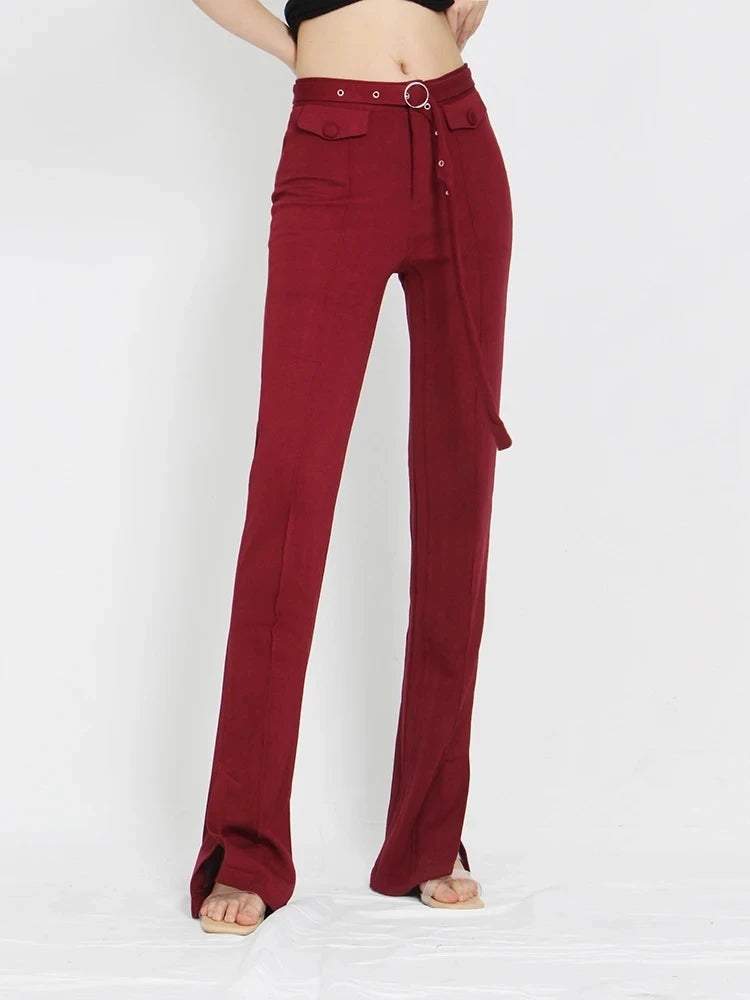 Solid Spliced Belt Full Length Trousers For Women High Waist Patchwork Pockets Side Split Casual Flare Pants Female