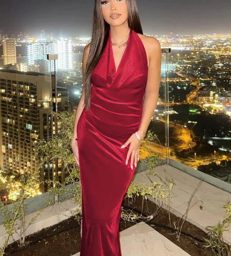 Halter Backless Sexy Maxi Dress For Women Gown Fashion Lace-up Deep V Neck Sleeveless Bodycon Split Long Dress Elegant