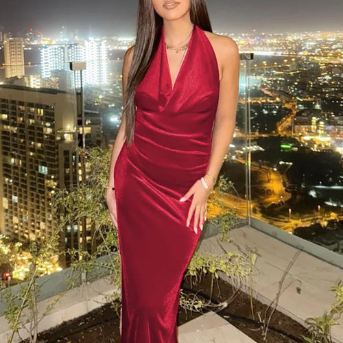 Load image into Gallery viewer, Halter Backless Sexy Maxi Dress For Women Gown Fashion Lace-up Deep V Neck Sleeveless Bodycon Split Long Dress Elegant
