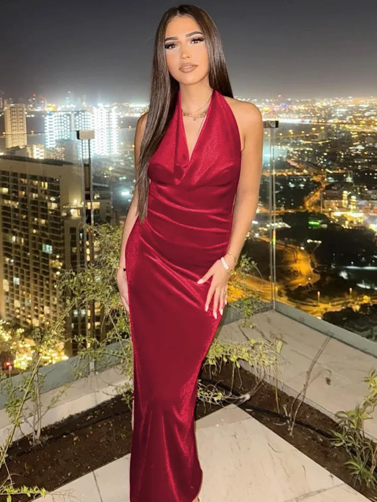 Halter Backless Sexy Maxi Dress For Women Gown Fashion Lace-up Deep V Neck Sleeveless Bodycon Split Long Dress Elegant