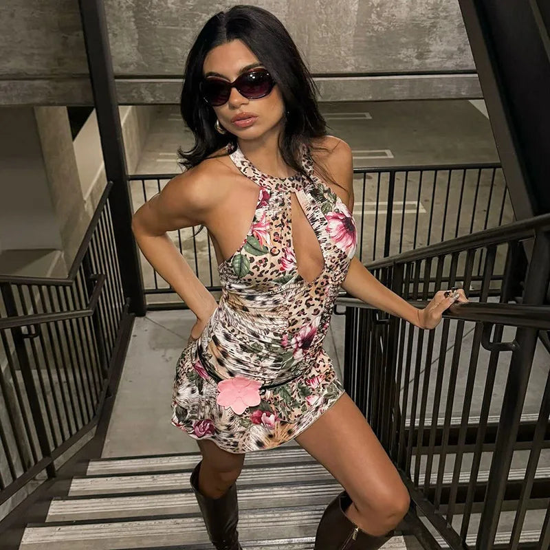 Hollow Out Halter Print Mini Dress For Women Robe Fashion Sleeveless Backless High Waist Ruffled Club Party Dress