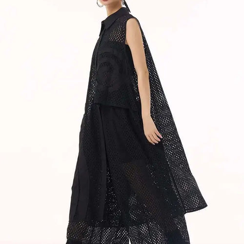 Load image into Gallery viewer, Women White Hollow Out Big Size Long Elegant Shirt Dress New Lapel Sleeveless Fashion Tide Spring Autumn 2025 1DH9424
