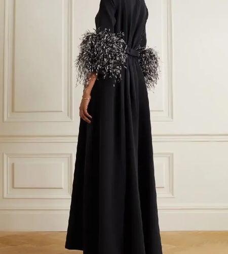 Spring Fall Long Dress Women‘s Boat Neck Feather Solid Color Half Sleeves Loose Pleated Evening Party Dresses