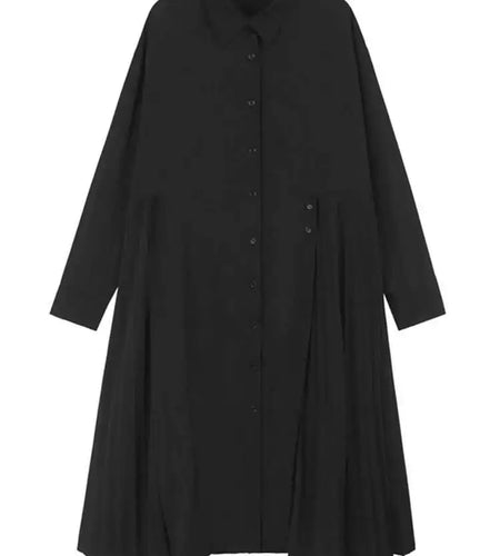 Women Green Hem Irregular Pleated Big Size Shirt Dress New Lapel Long Sleeve Fashion Tide Spring Autumn 2025 1DH6769