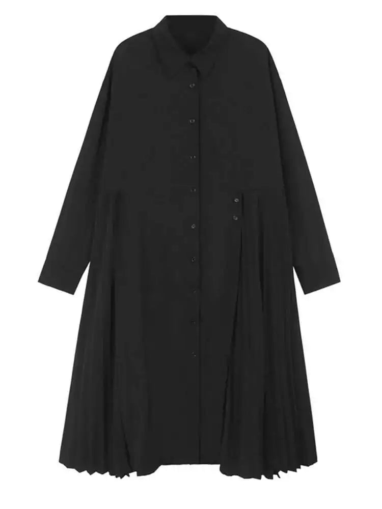 Women Green Hem Irregular Pleated Big Size Shirt Dress New Lapel Long Sleeve Fashion Tide Spring Autumn 2025 1DH6769