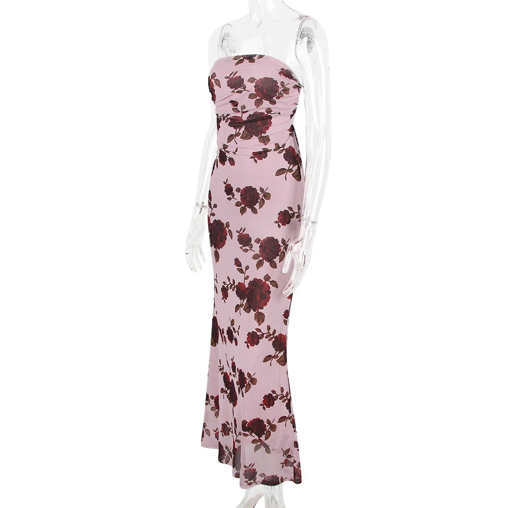 Purple Print Sexy Long Fishtail Dress For Women Robe 2023 New Spaghetti Strap Sleeveless Backless Ruched Maxi Dress