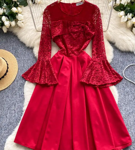 French Women Red Patchwork Lace Birthday Evening Party Dresses Autumn Round Neck Elegant Festival Long Sleeved Bow Pleated Dress