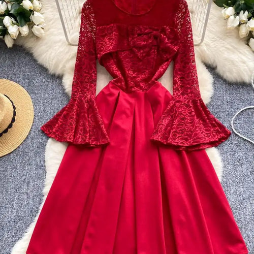Load image into Gallery viewer, French Women Red Patchwork Lace Birthday Evening Party Dresses Autumn Round Neck Elegant Festival Long Sleeved Bow Pleated Dress
