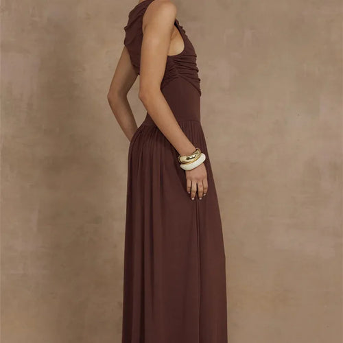 Load image into Gallery viewer, Elegant Sleeveless Maxi Dress For Women Fashion Solid Boat Neck Tank Dresses Ladies Sexy Ruched Long Dress New Gown
