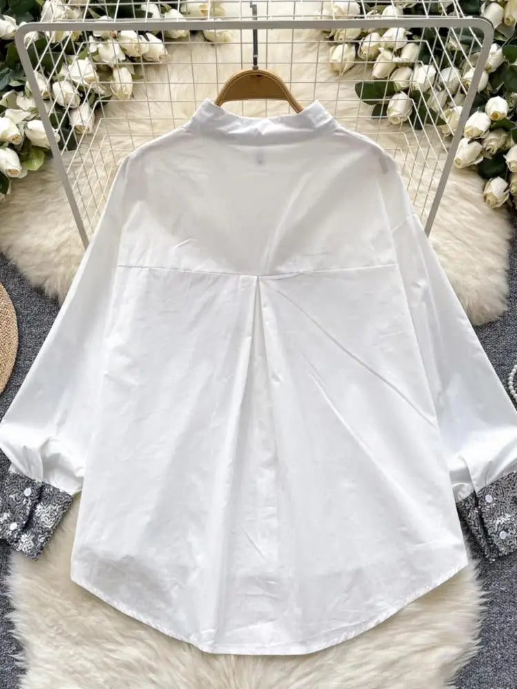 Autumn French Fashion Black White Patchwork Single Breasted Shirt Women Long Sleeves Tops Versatile Blouse Trendy Casual Popular