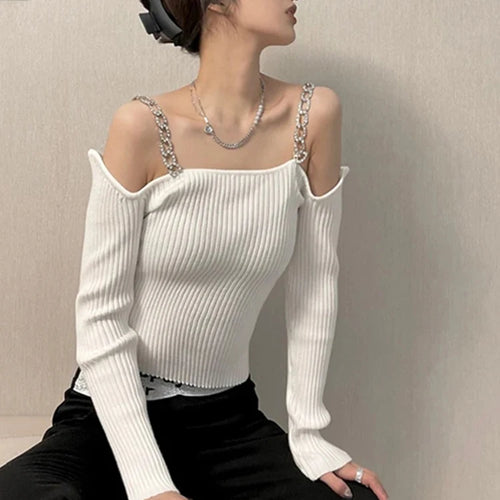 Load image into Gallery viewer, Solid Slimming Knitted T Shirt For Women Square Collar Long Sleeve Patchwork Chain Minimalist T Shirts Female New
