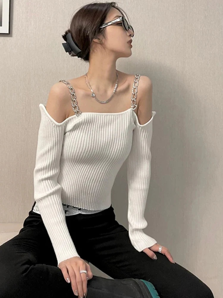 Solid Slimming Knitted T Shirt For Women Square Collar Long Sleeve Patchwork Chain Minimalist T Shirts Female New