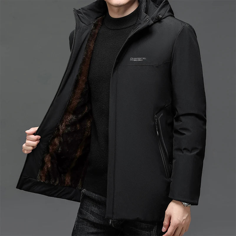 Windproof Parkas Men Thick Warm Fashion Fleece Hooded Winter Coat Mens Winter Jacket Windproof Gift For Father Husband Parka