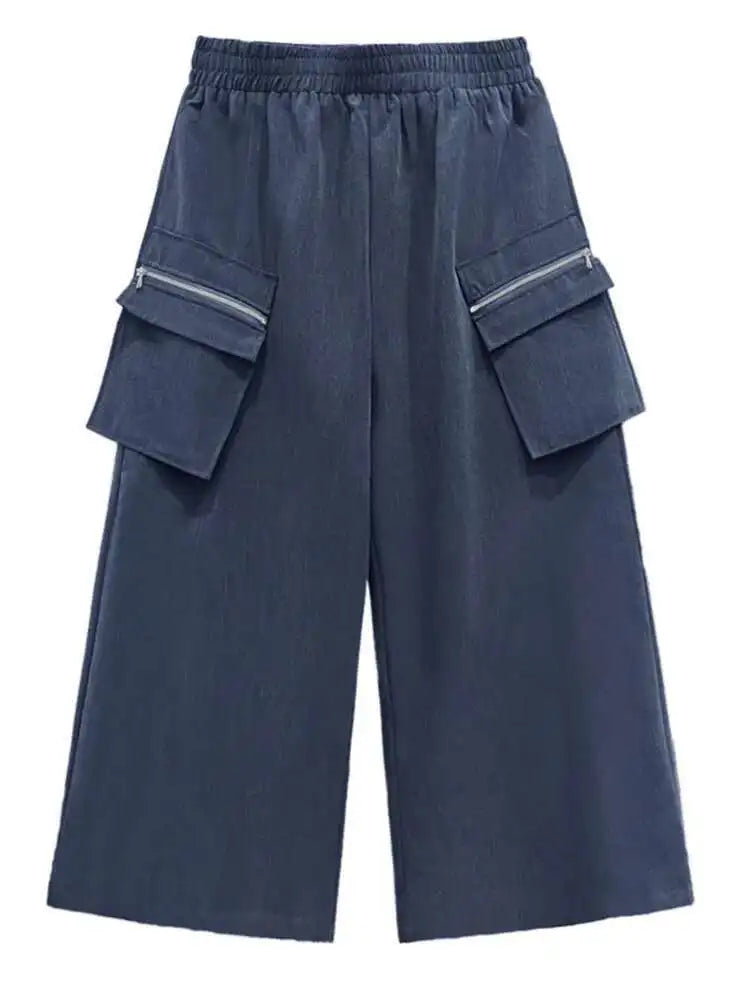 High Elastic Waist Blue Detachable Pocket Wide Leg Pants New Trousers Women Fashion Tide Spring Autumn 2025 1DH4773