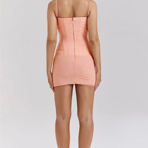 Load image into Gallery viewer, Mesh Spaghetti Strap Sexy Mini Dress For Women Light Orange Zipper Sleeveless Backless Bodycon Ruched Dress Elegant
