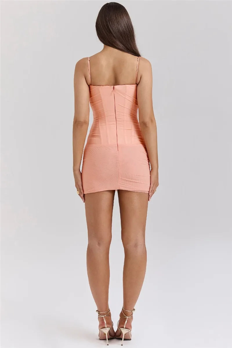 Mesh Spaghetti Strap Sexy Mini Dress For Women Light Orange Zipper Sleeveless Backless Bodycon Ruched Dress Elegant