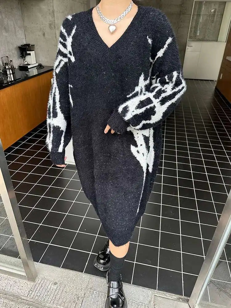 Women Black Pattern Thick Warm Big Size Sweater Dress New V-Neck Long Sleeve Fashion Tide Spring Autumn 2025 1DH8735