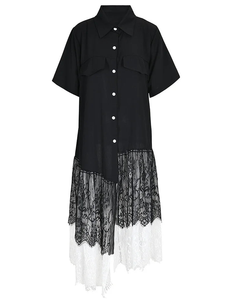 Women Black Lace Pleated Big Size Shirt Dress New Lapel Half Sleeve Loose Fit Fashion Tide Spring Summer 2025  1DF8749