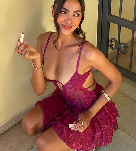 Lace Spaghetti Strap Sexy Mini Dress For Women Fashion Hollow Out Sleeveless Backless High Waist Ruffled Dress Elegant