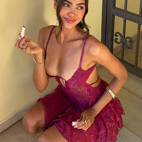 Load image into Gallery viewer, Lace Spaghetti Strap Sexy Mini Dress For Women Fashion Hollow Out Sleeveless Backless High Waist Ruffled Dress Elegant
