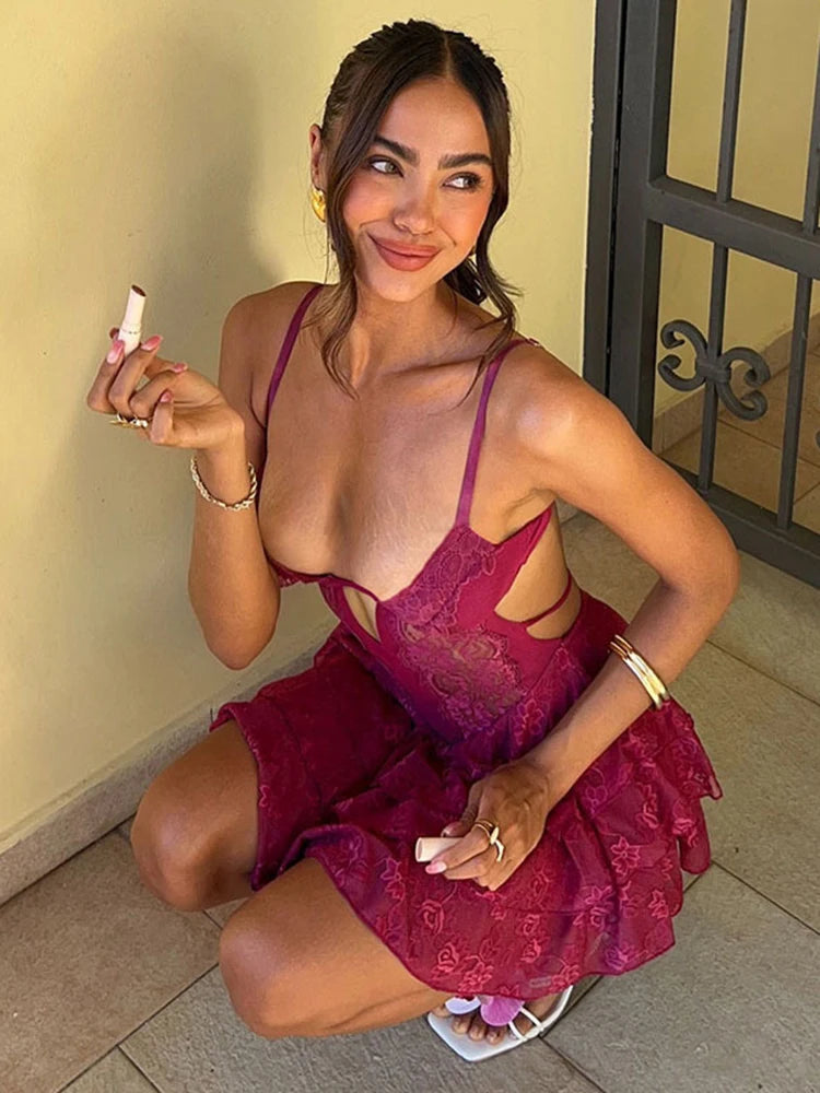 Lace Spaghetti Strap Sexy Mini Dress For Women Fashion Hollow Out Sleeveless Backless High Waist Ruffled Dress Elegant