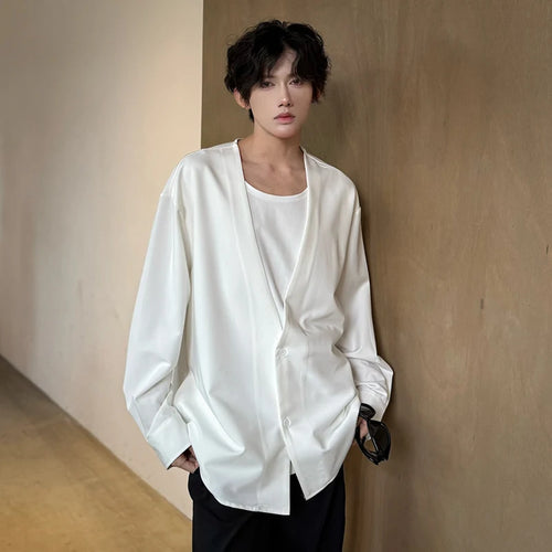 Load image into Gallery viewer, Men&#39;s Shirts New Fake Two Piece Design Shirt Long Sleeve Solid Color Single Breasted Male Loose Clothing Spring 9W1752
