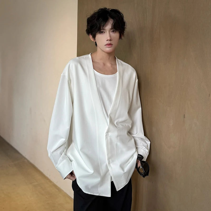 Men's Shirts New Fake Two Piece Design Shirt Long Sleeve Solid Color Single Breasted Male Loose Clothing Spring 9W1752