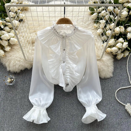 Load image into Gallery viewer, Korean Women Solid Elegant Ruffles Shirt Chic Long Sleeve Lace Ruffles Stand Collar Casual Loose Blouses Tops Autumn Vintage Y2k
