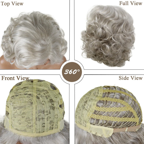 Load image into Gallery viewer, Synthetic Grey Curly Wigs for Women Short Wavy Hairstyles Mommy Wigs with Bangs Thick Fluffy Curls Paula Wigs Costume
