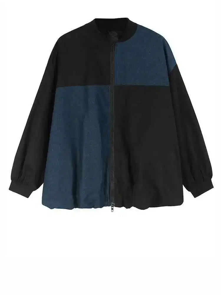 Black Color-block Big Size Casual Jacket New Stand Collar Long Sleeve Women Coat Fashion Tide Spring Autumn 2025 1DH7581