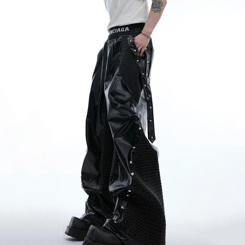 Metal Rivet Design PU Leather Pants Splicing Loose Casual Darkwear Solid Color Male Trousers Fashion 24E1537