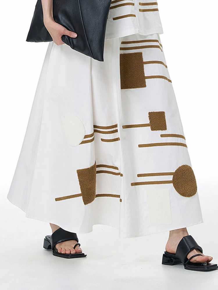 High Elastic Waist White Patch Spliced Color-block A-line Half-body Skirt Women Fashion New Spring Autumn 2025 1DJ1496