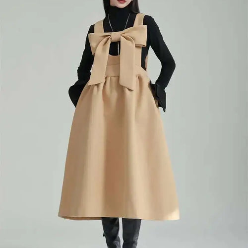 Load image into Gallery viewer, Women Gray Bow Bandage Spliced Long Elegant Woolen Dress New Sleeveless Loose Fit Fashion Tide Autumn Winter 2025 1DF3527
